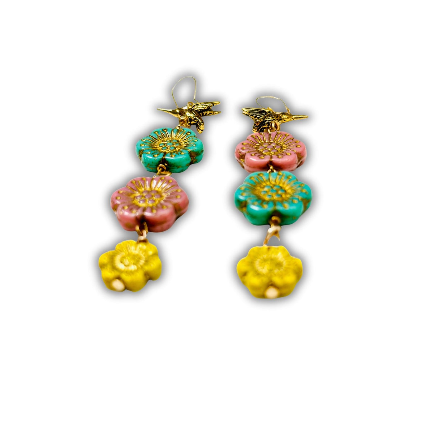 Sandra Vintage Floral Glass, Bird, Mismatched Dangle Duster Earrings