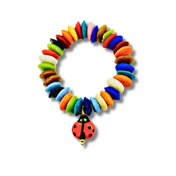 Vintage Glass African Beads with Ceramic Lady Bug Charm