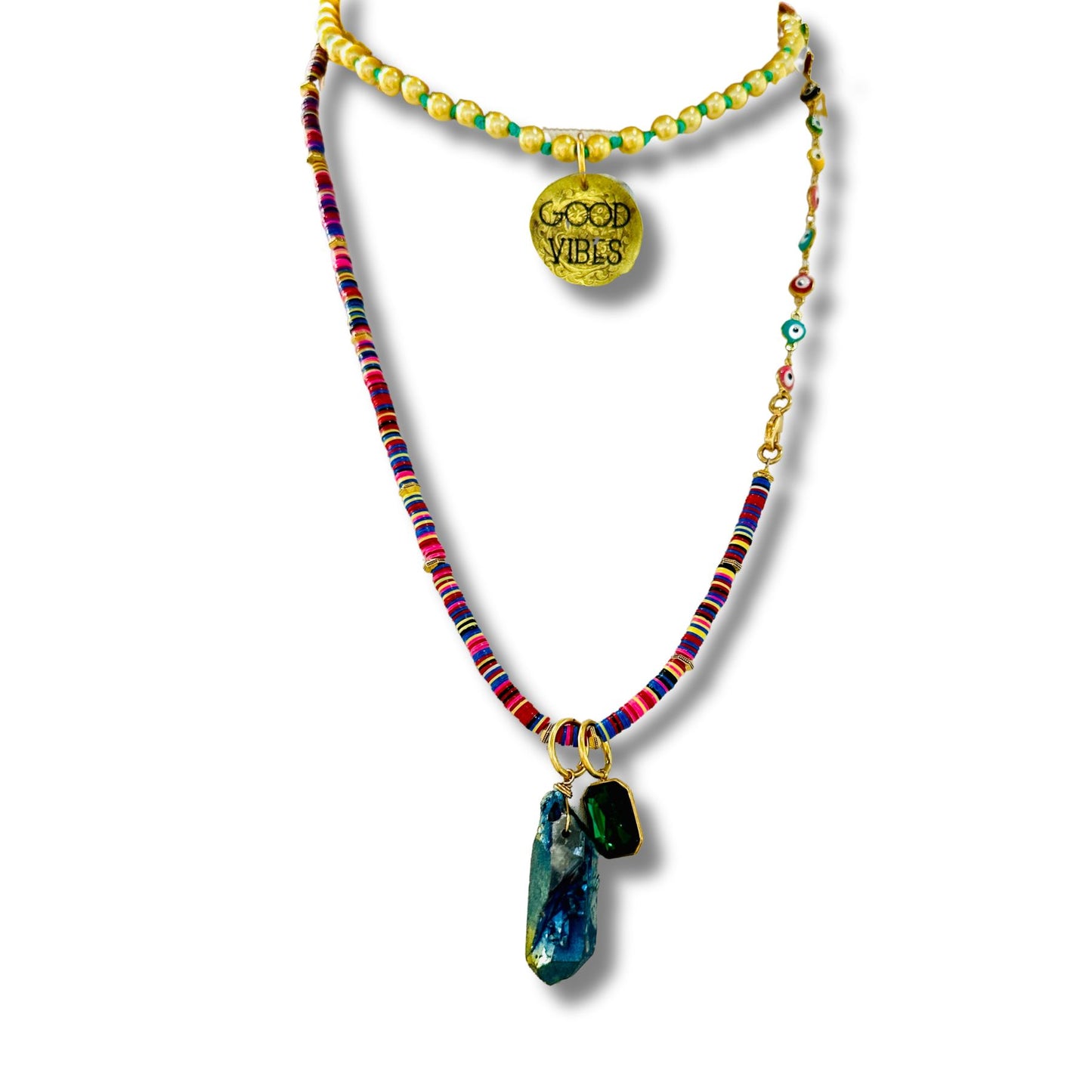 Multi Color Convertible Necklace and Bracelet Combination with Genuine Coin and Evil Eye