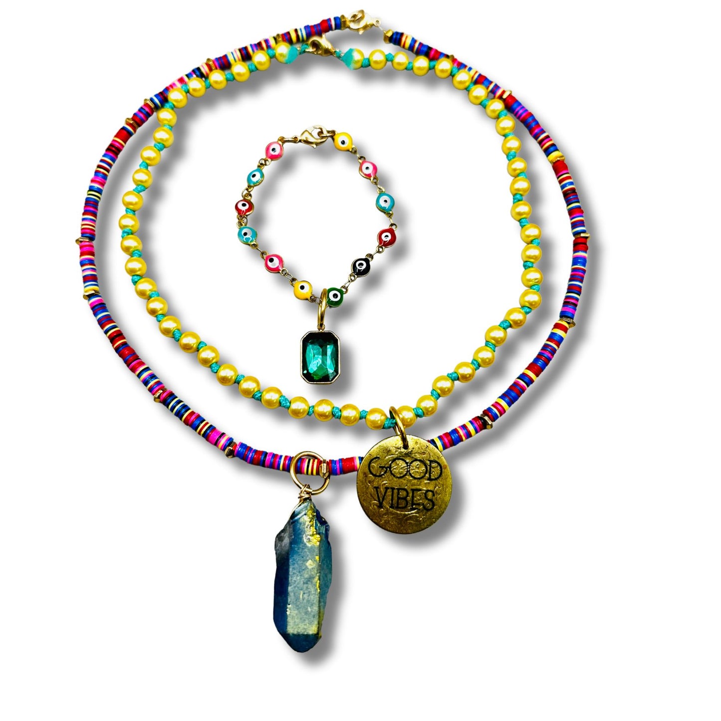 Multi Color Convertible Necklace and Bracelet Combination with Genuine Coin and Evil Eye