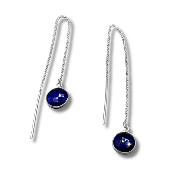 Sapphire Glass Bezel Drop Sterling Silver Threader Earrings