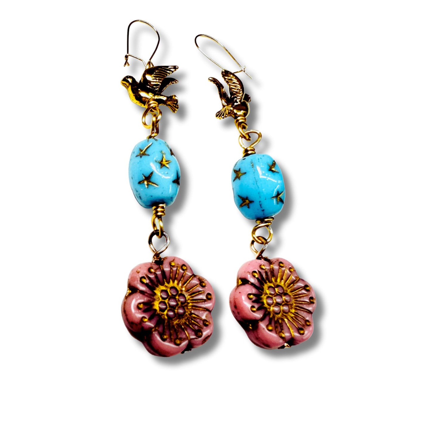 Mandy Vintage Floral Glass, Bird, Dangle Duster Earrings