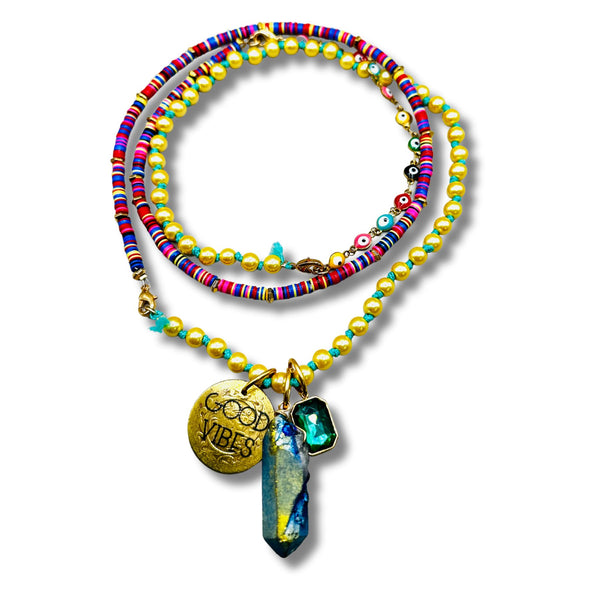 Multi Color Convertible Necklace and Bracelet Combination with Genuine Coin and Evil Eye