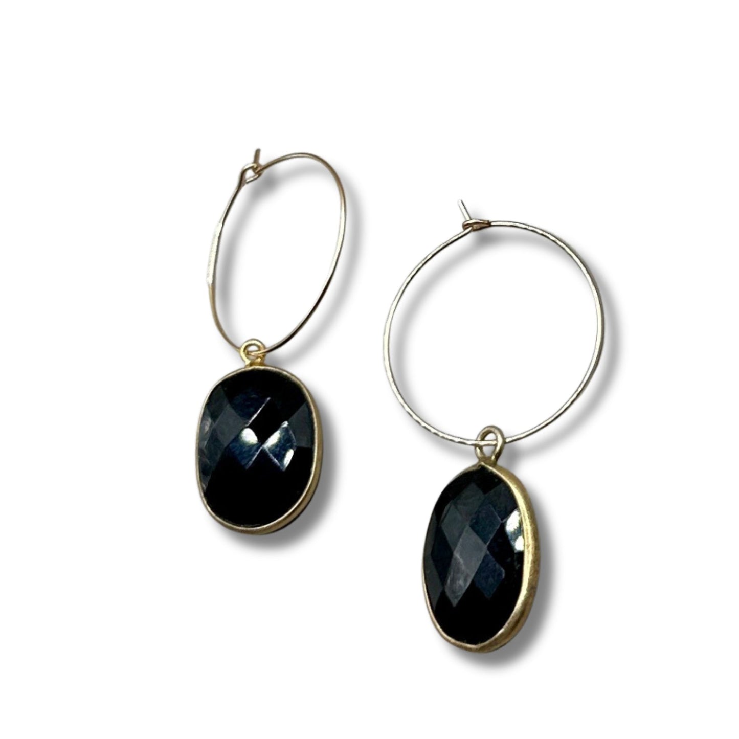 Black Onyx Gold Filled Hoop Drop Earrings