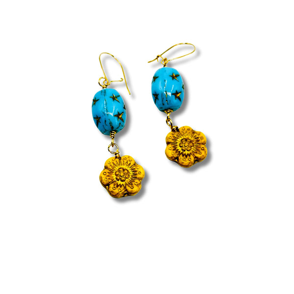 Vintage Turquoise and Yellow Glass Flower Earrings
