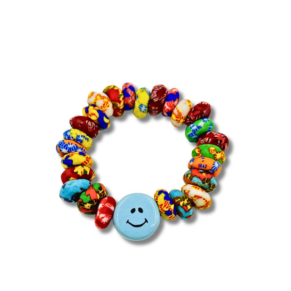 Vintage Glass African Beads with Ceramic Blue Happy Face