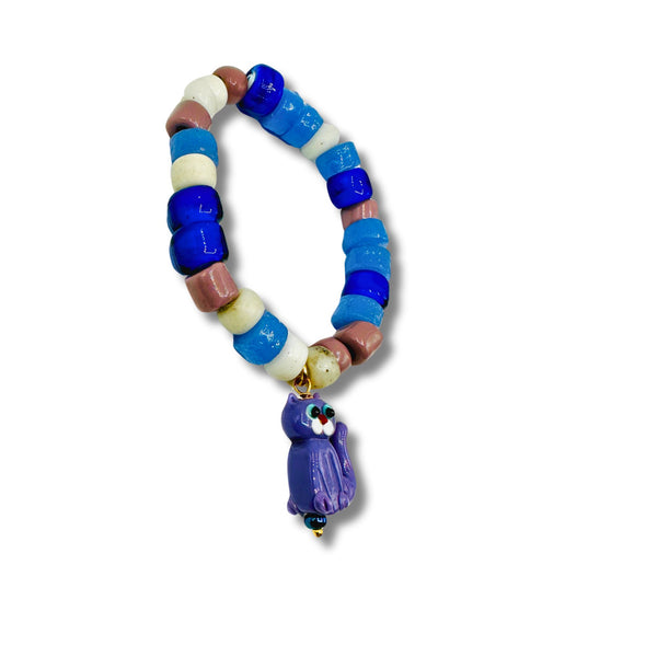 Vintage African Beads with Glass Lavender Cat Charm