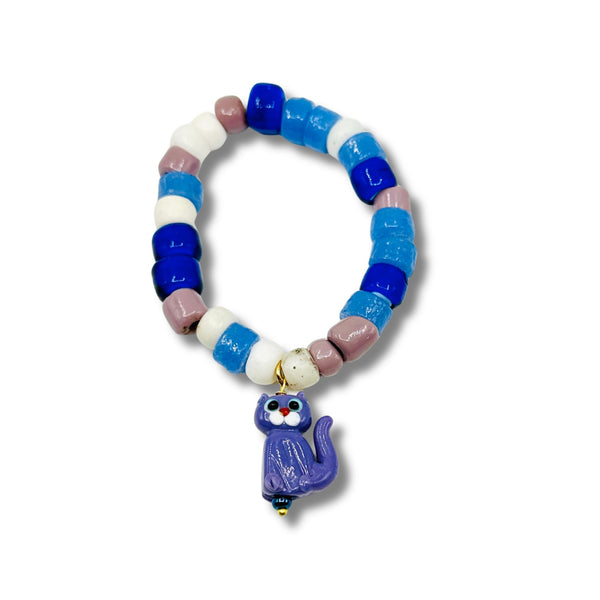 Vintage African Beads with Glass Lavender Cat Charm