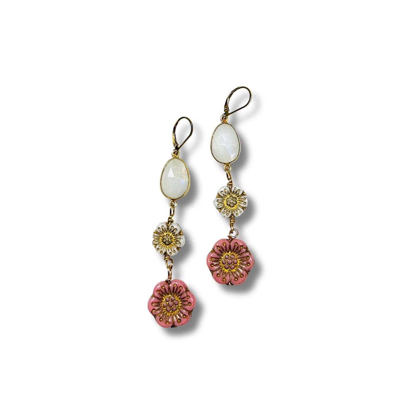 Alexa Vintage Floral Glass, Rainbow Moonstone Dangle Duster Earrings