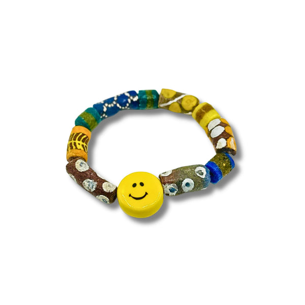 Vintage Glass African Beads with Ceramic Yellow Happy Face