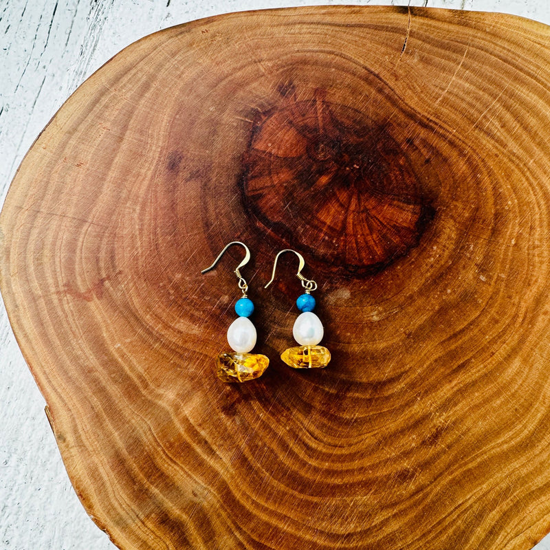 Faceted Citrine, Smooth Freshwater Pearls and Turquoise Howlite Drop  Earrings
