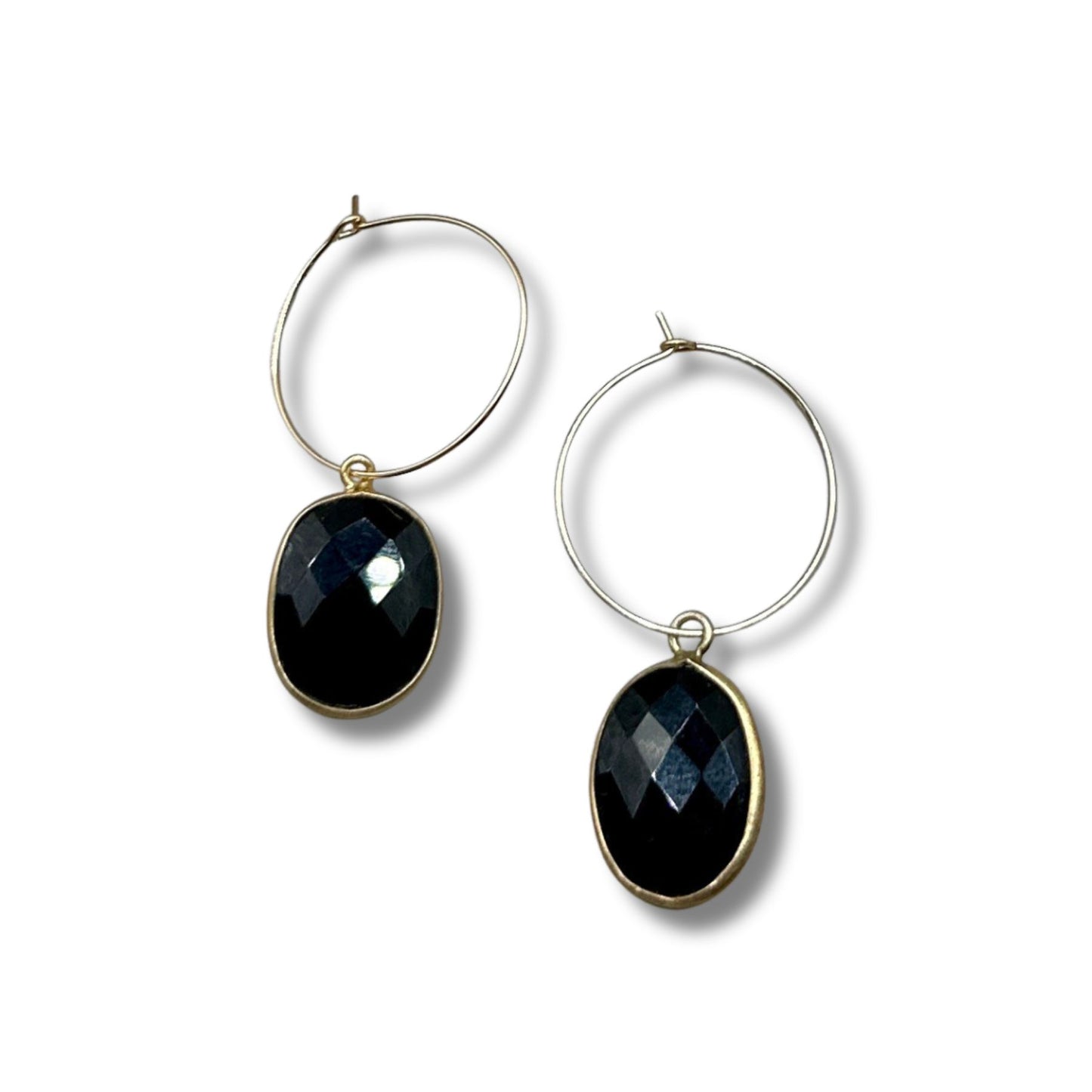 Black Onyx Gold Filled Hoop Drop Earrings