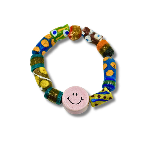 Vintage Glass African Beads with Ceramic Lavender Happy Face