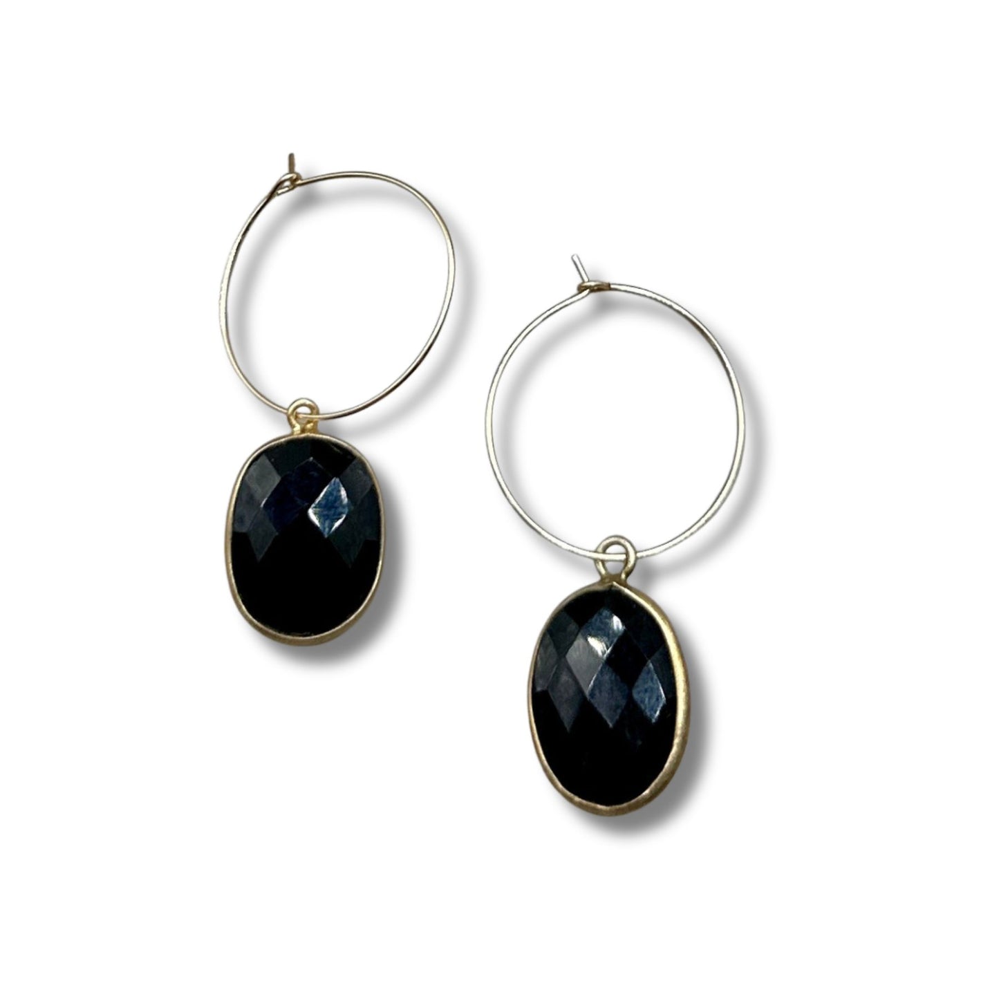 Black Onyx Gold Filled Hoop Drop Earrings