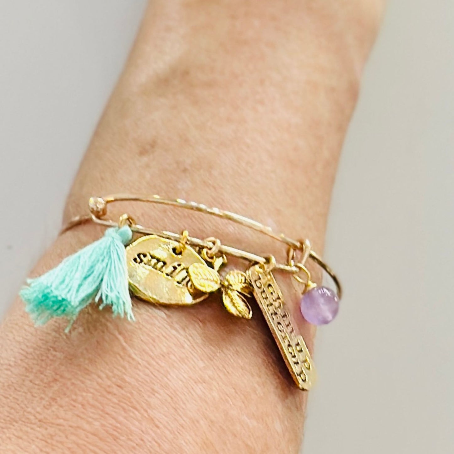 Amethyst, Smile, Good Luck Expandable Charm Tassel Bracelet