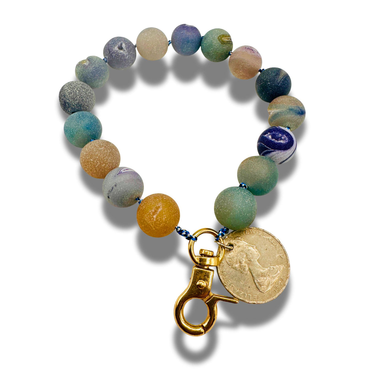 Agate Geode Beaded Wristlet with Coin Charm, Colorful Gemstone Phone Strap, Keychain & Purse Accessory