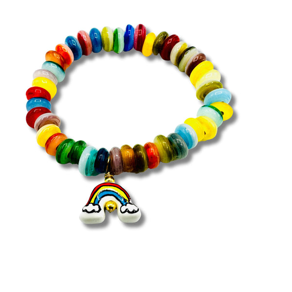 Vintage Glass Beaded Bracelet with Ceramic Rainbow