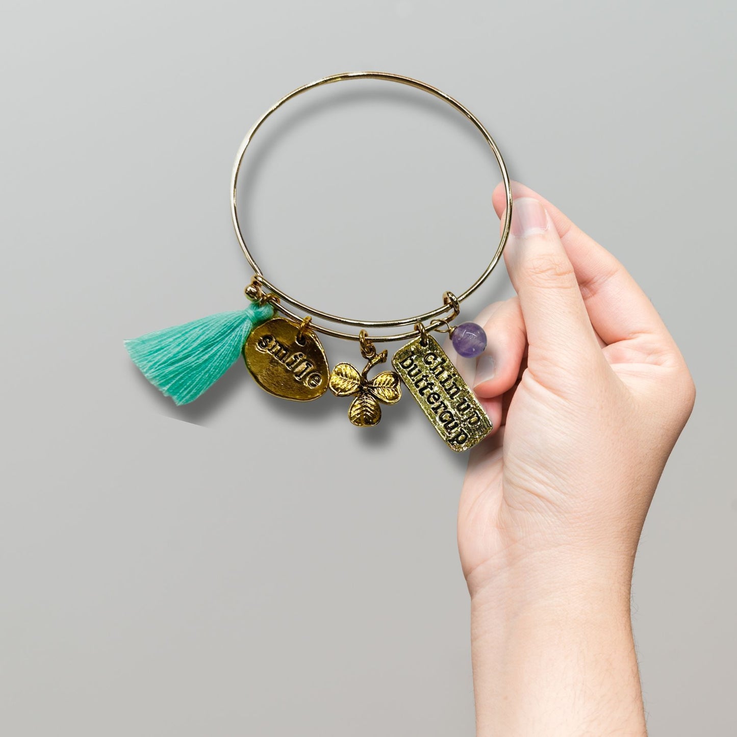 Amethyst, Smile, Good Luck Expandable Charm Tassel Bracelet