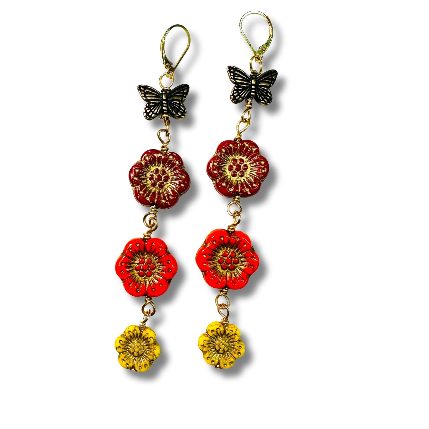 Sally Vintage Floral Glass, Butterfly Dangle Duster Earrings