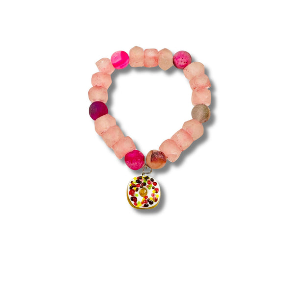 Vintage Bottle Glass Beads, Pink Agate and Hand Blown Glass Doughnut Charm