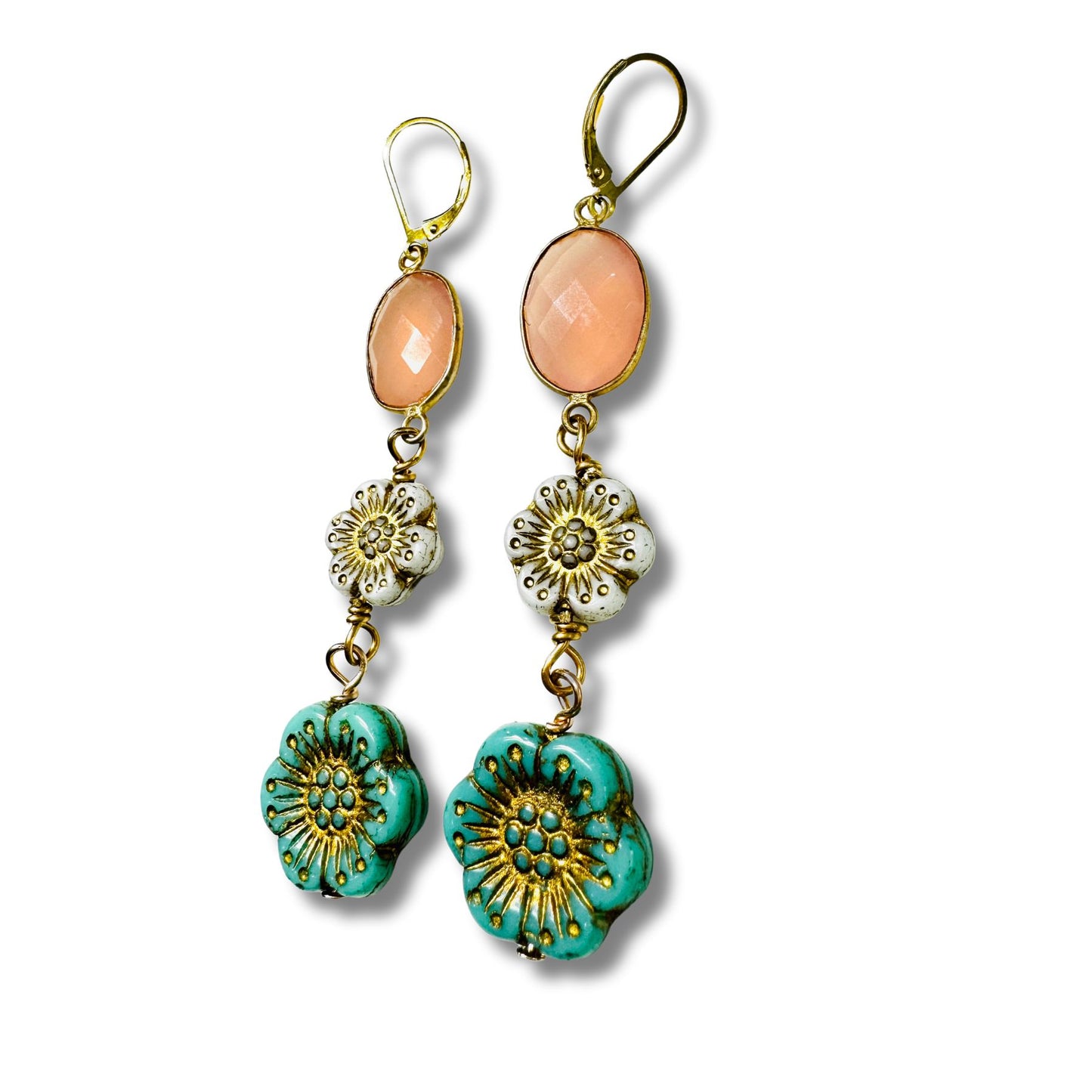 Genevieve Vintage Floral Glass, Rose Quartz Dangle Duster Earrings