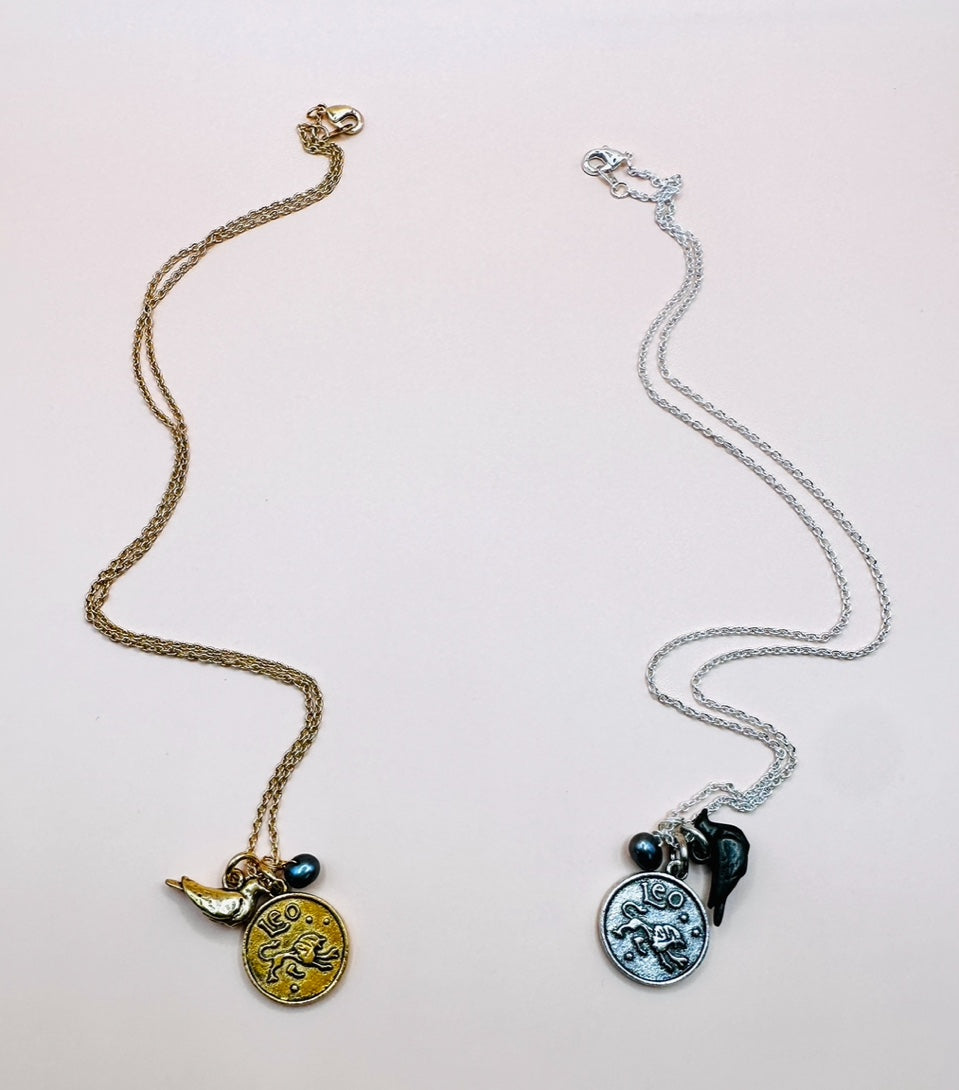 Leo + Pearl + Bird Charm Necklace