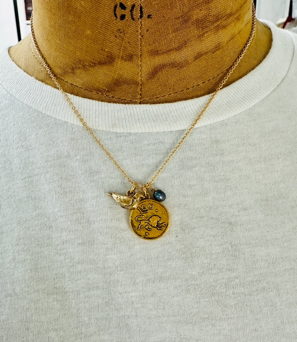 Leo + Pearl + Bird Charm Necklace