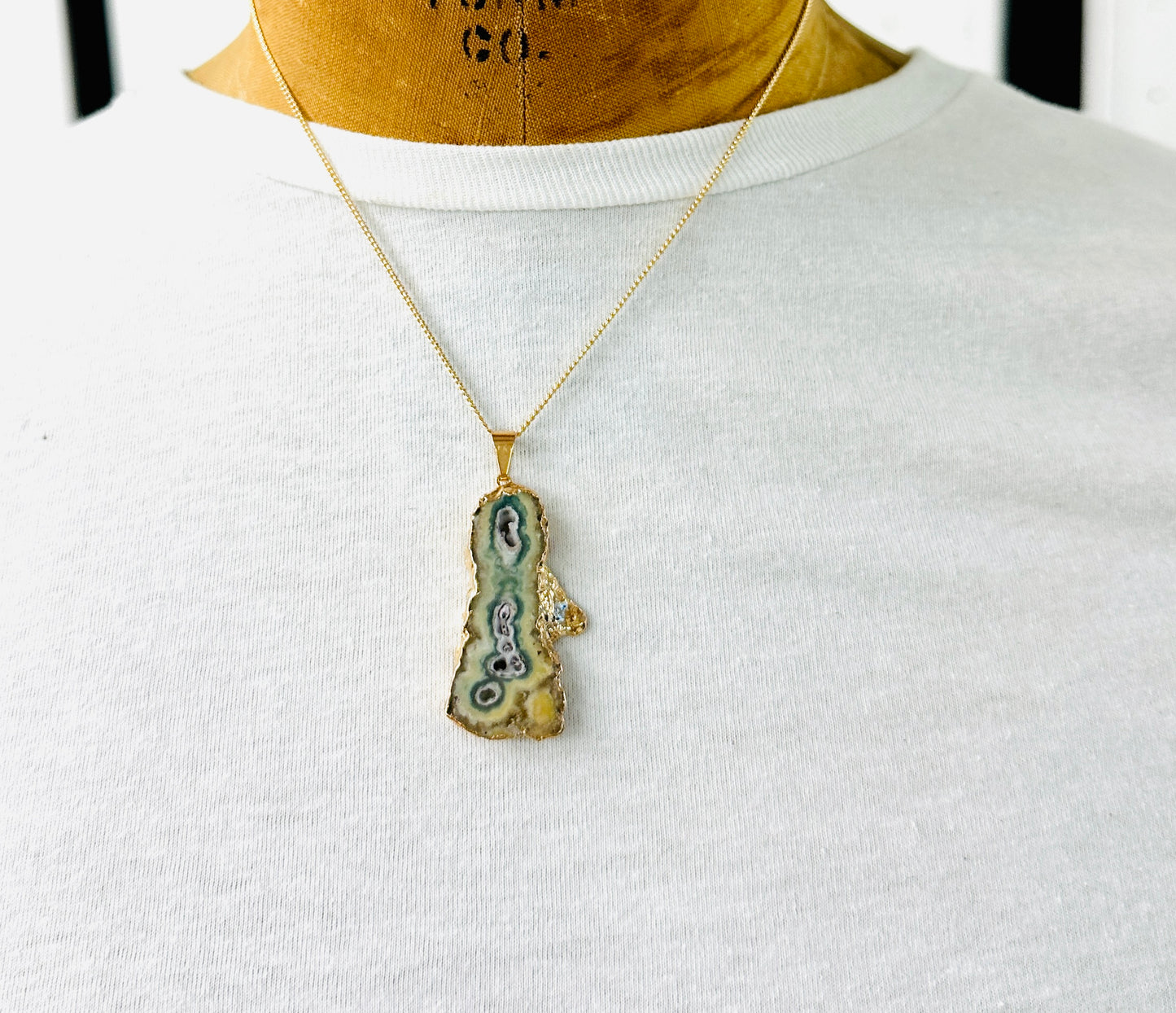 Beautiful Green Agate Slice Electroformed Necklace