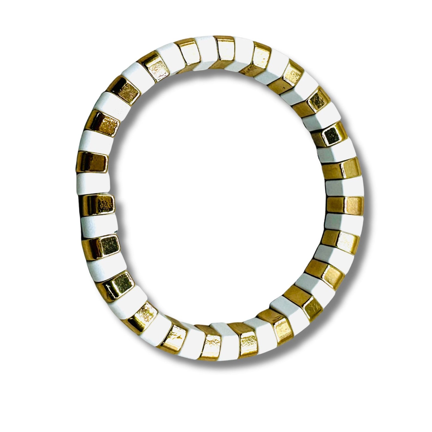 White and Gold Enamel Bead Stretch Bracelet