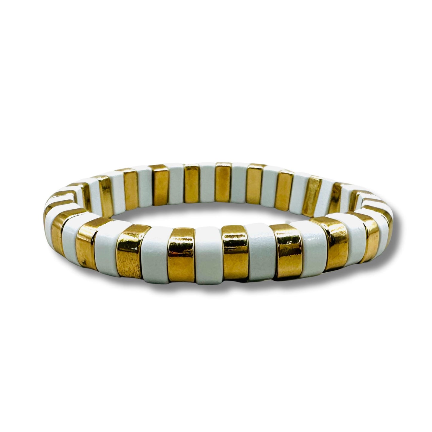 White and Gold Enamel Bead Stretch Bracelet