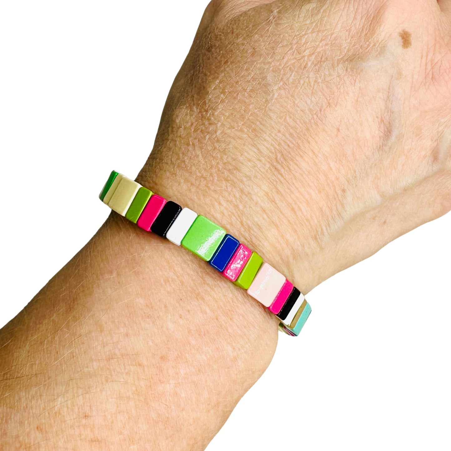 Rainbow and Gold Enamel Bead Stretch Bracelet
