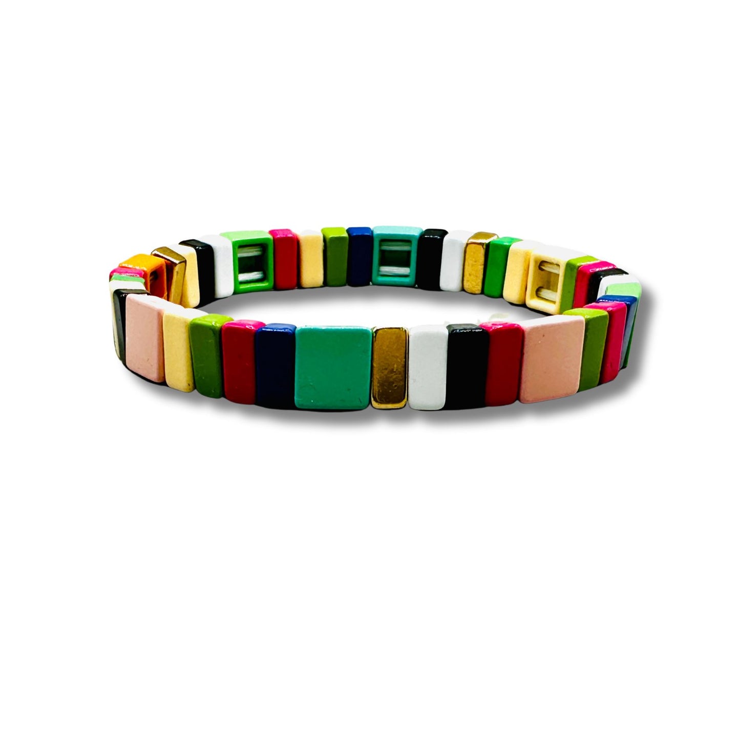 Rainbow and Gold Enamel Bead Stretch Bracelet