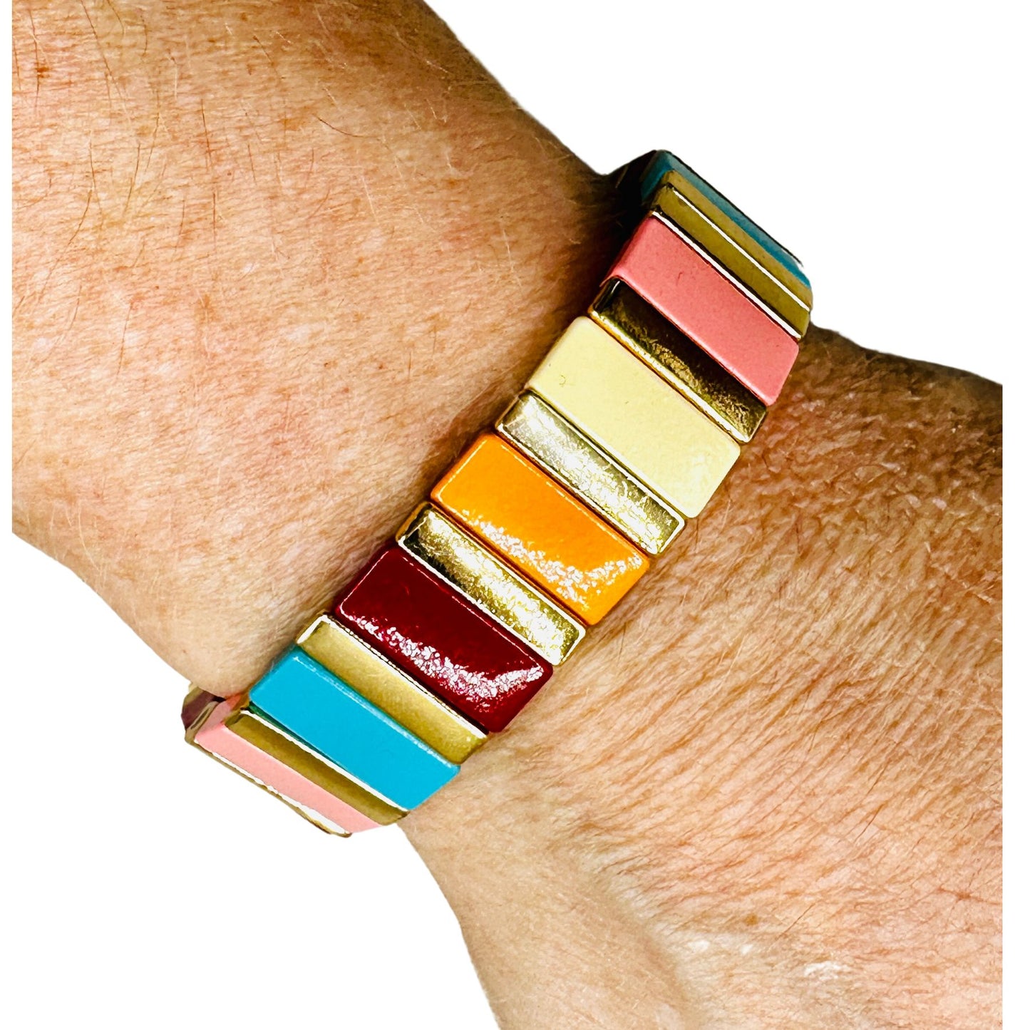 Rainbow and Gold Bead Enamel Stretch Bracelet
