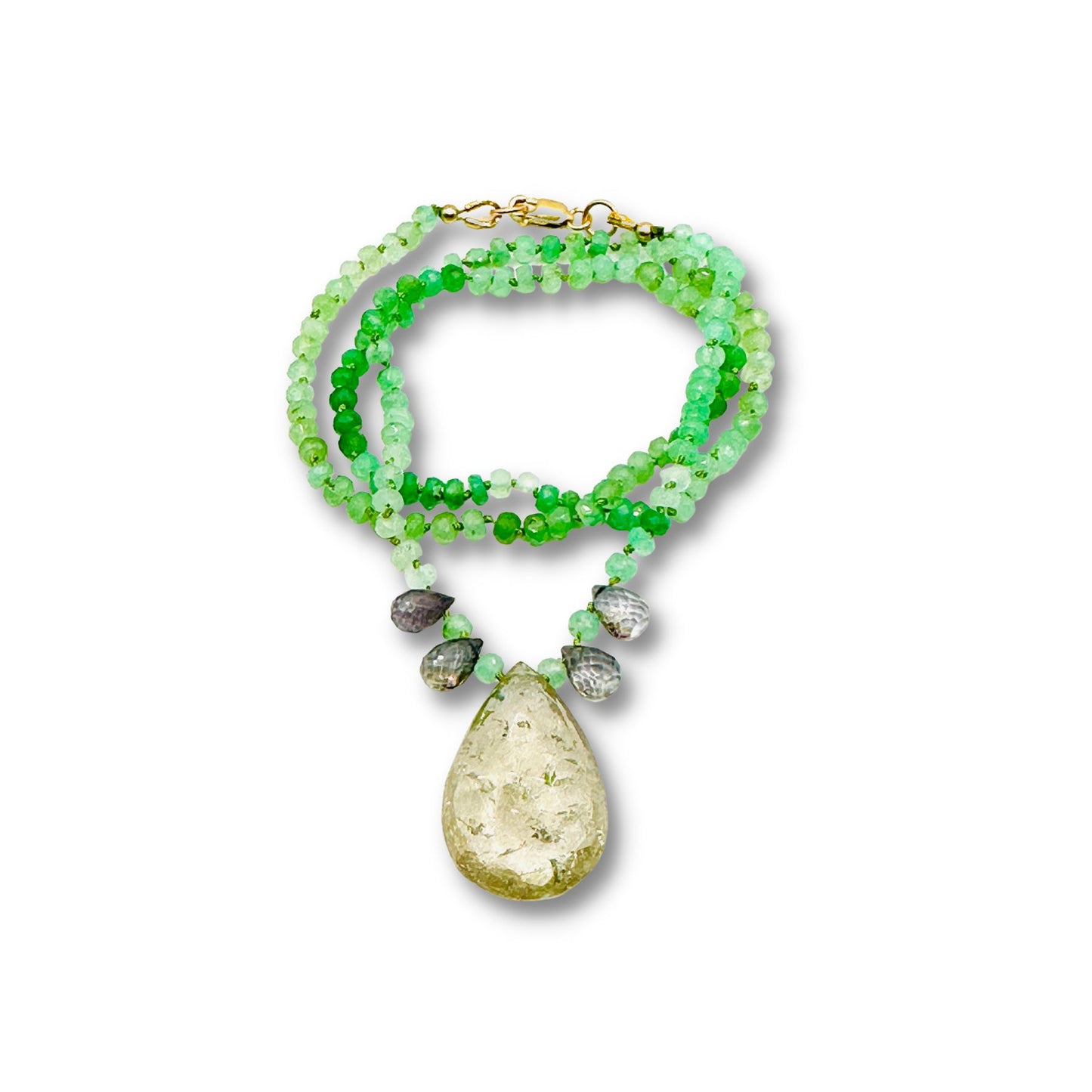 Hand Knotted Chrysoprase and Iollite Moon Crystal Quartz Necklace
