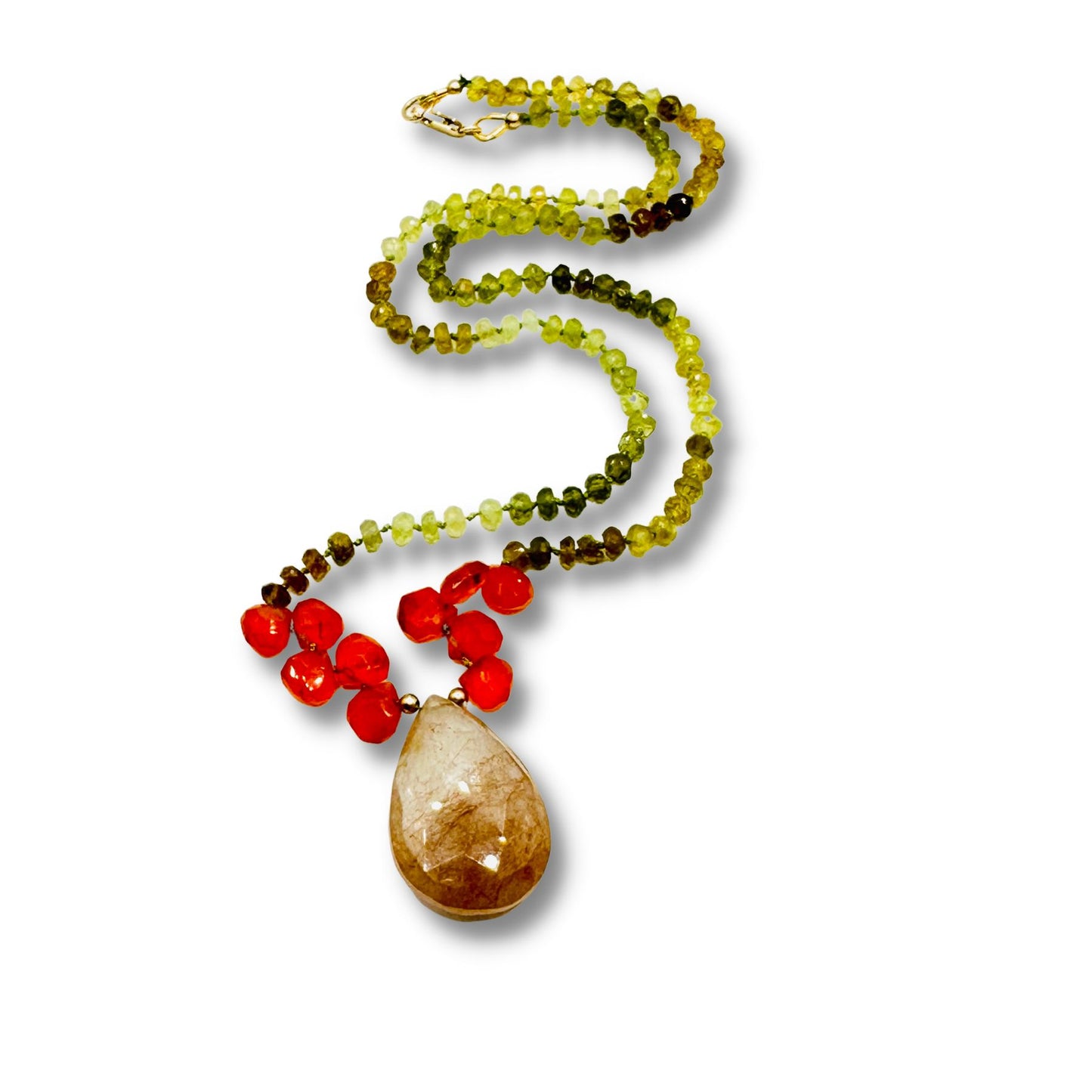 Hand Knotted Hessonite and Carnelian Moon Crystal Quartz Necklace