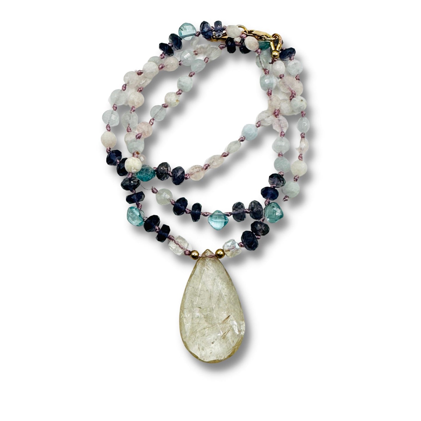 Hand Knotted Opal, Iolite, Blue Topaz Moon Crystal Quartz Necklace