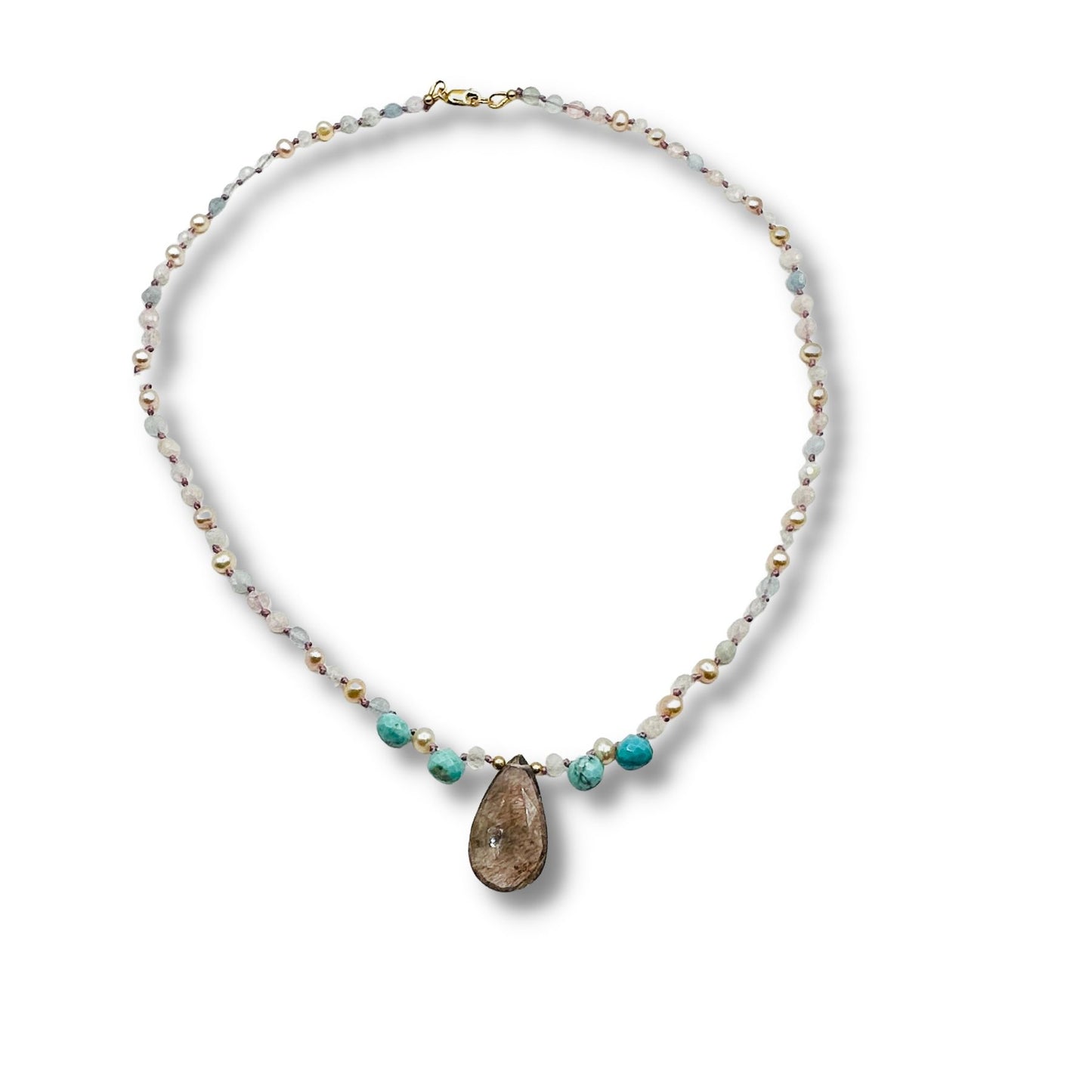 Hand Knotted Moonstone, Pearl, Sleeping Beauty Turquoise Full Moon Crystal Quartz Necklace