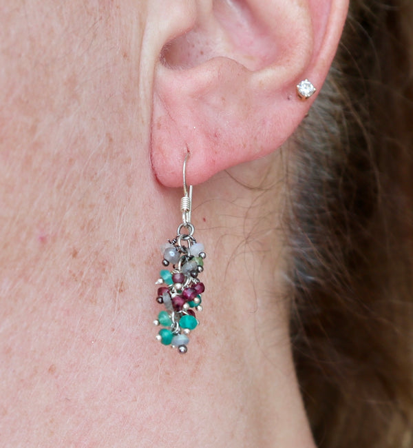 Onyx, Peridot, Garnet Cluster Drop Earrings