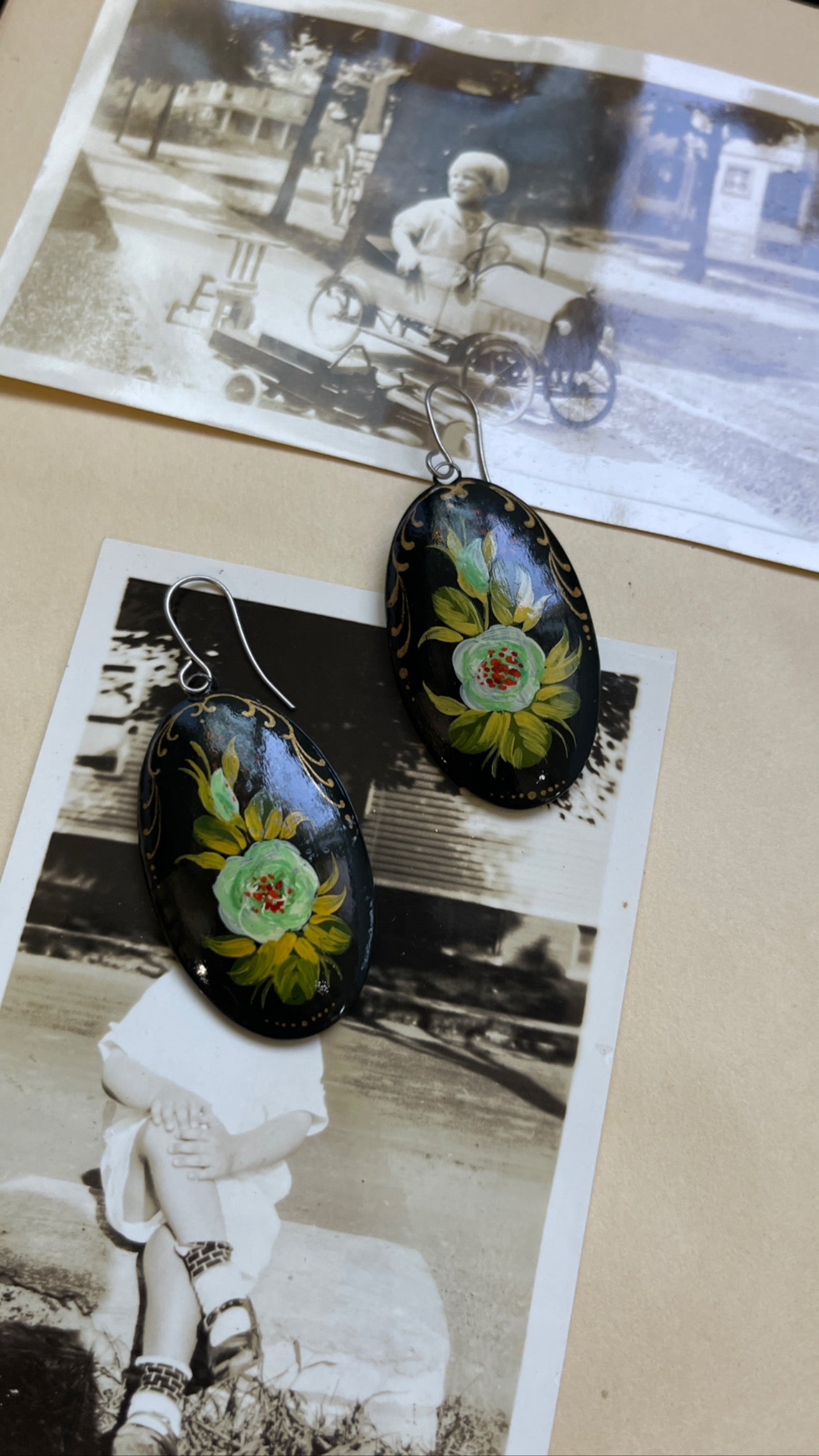 White Flowers Hand Painted Russian Earrings