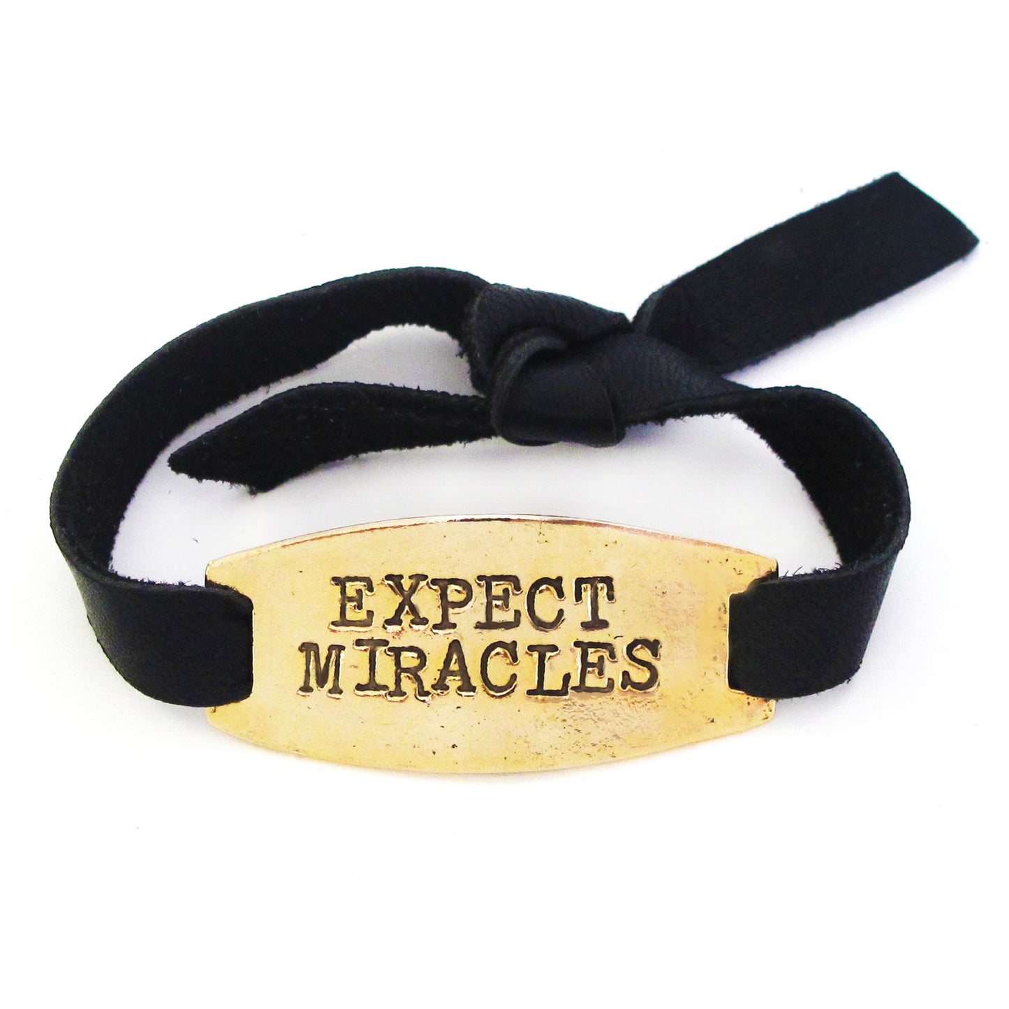 Expect Miracles Black Leather Hand Stamped Bracelet