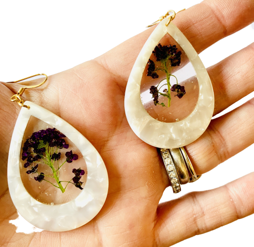 One of a Kind White Resin Purple Flower Earrings