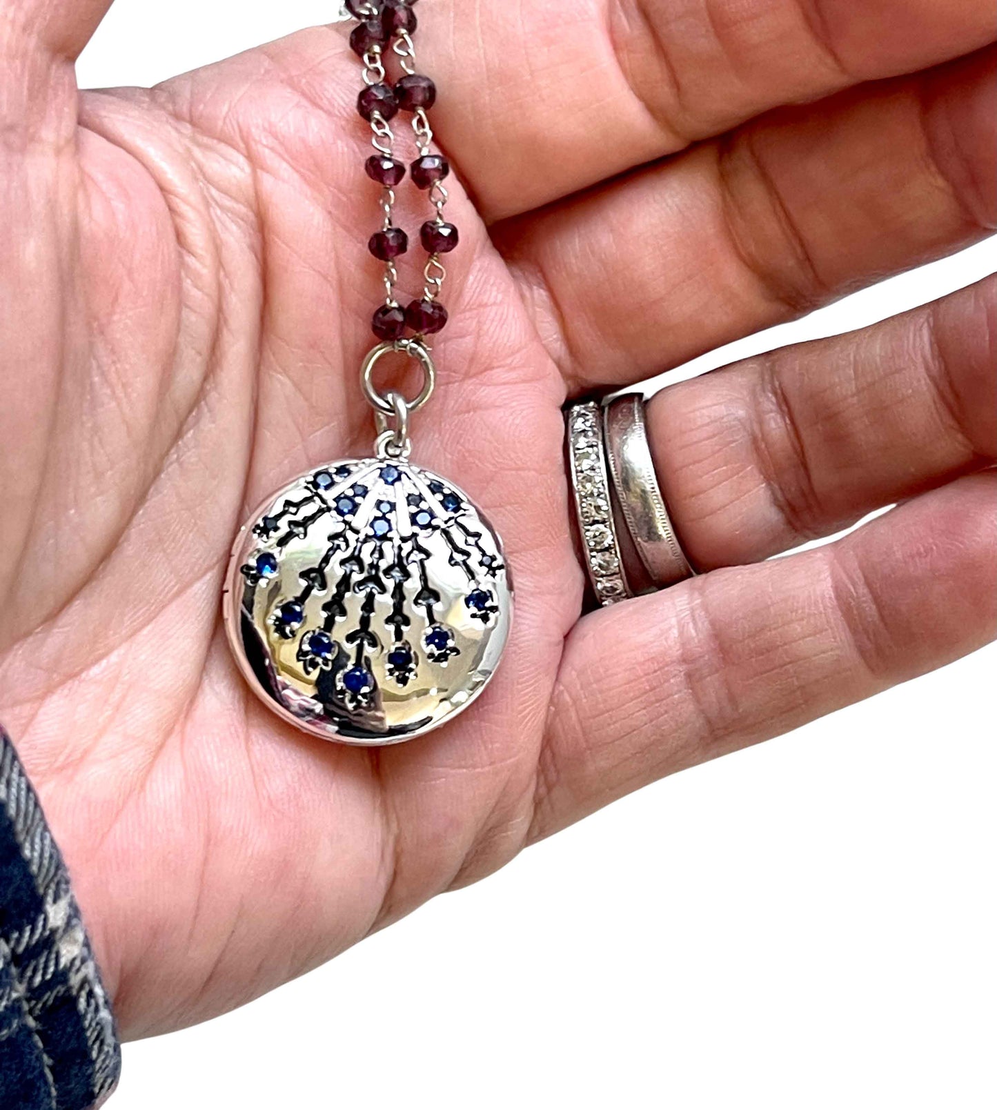 Sapphire Silver Locket with Garnet Chain