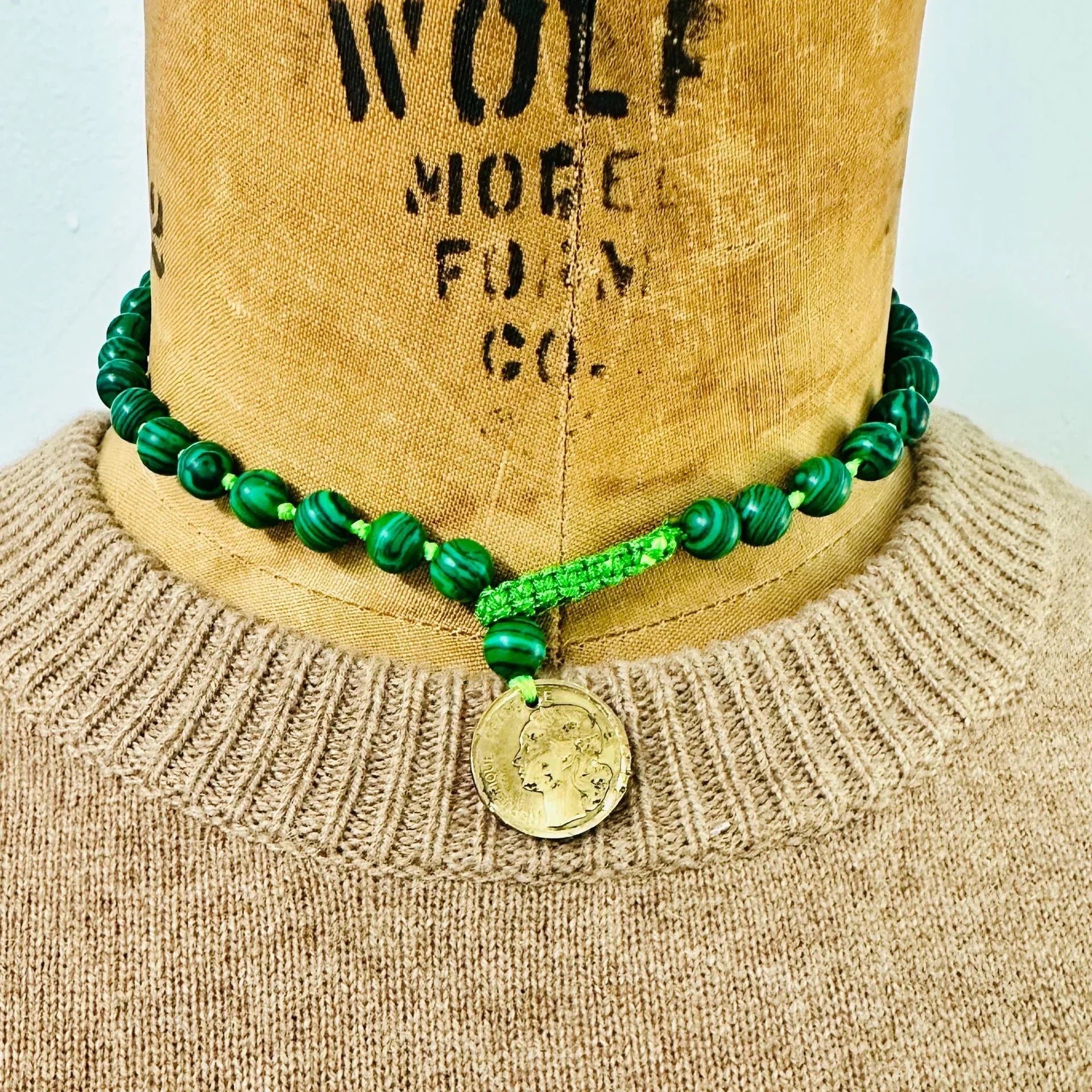 Hand-Knotted Malachite Necklace with Genuine Coin Pendant