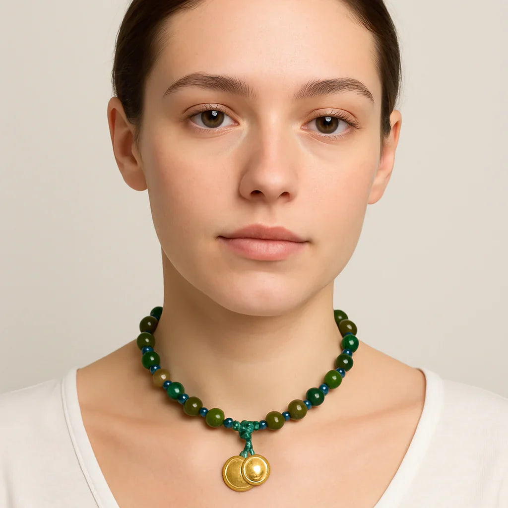 Moss Agate Hand-Knotted Beaded Necklace with Genuine Coins