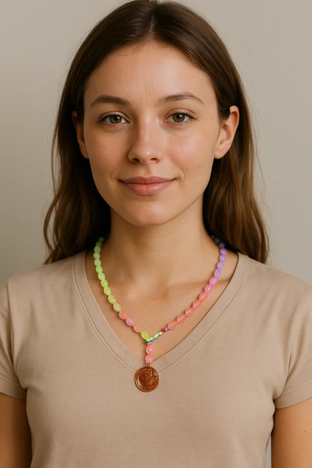 Opalite Beaded Necklace with Genuine Coins: Colorful Everyday Luxury