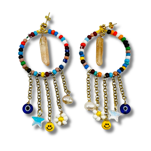 Colorful Beaded Ceramic Happy Face, Crystal Earrings