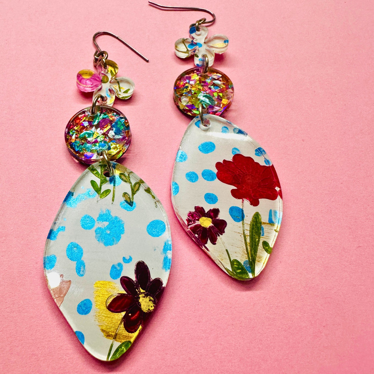 One of a Kind Hand Painted Glitter Floral Statement Acrylic Earrings
