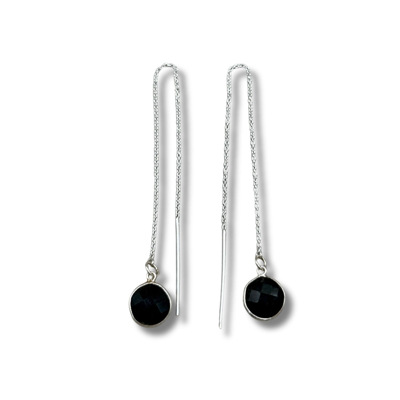 Black Onyx Bezel Drop Sterling Silver Threader Earrings