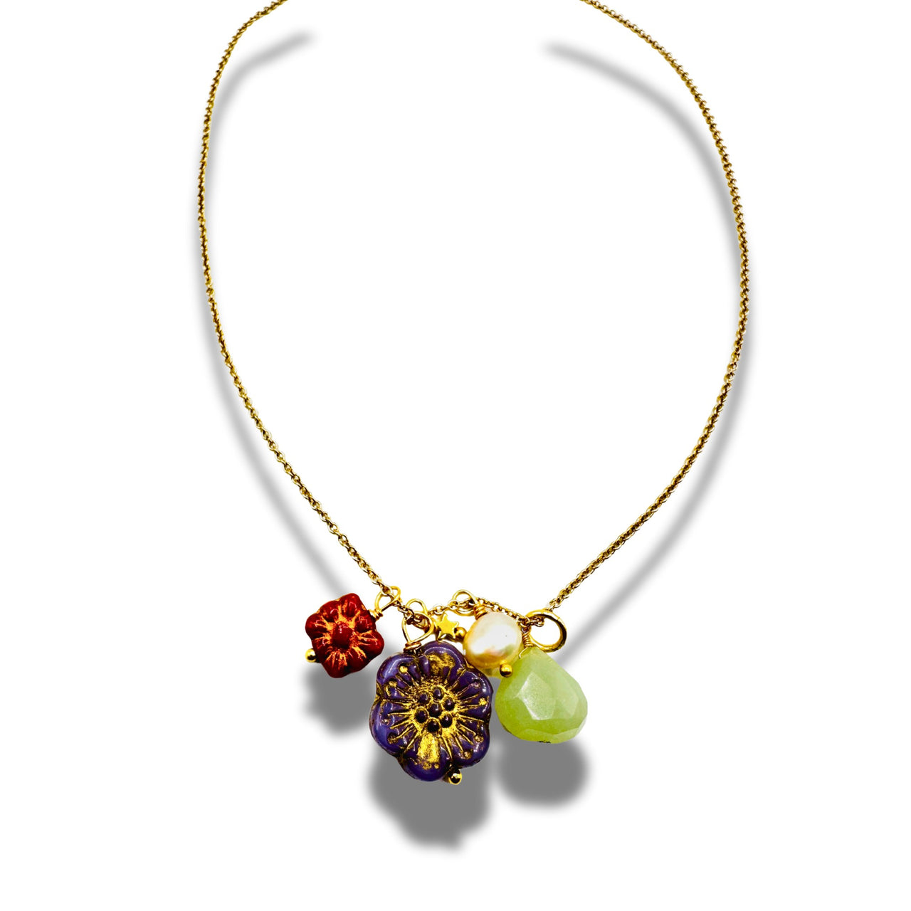 Vintage Lavender Flower Necklace with Stones, Charm Necklace