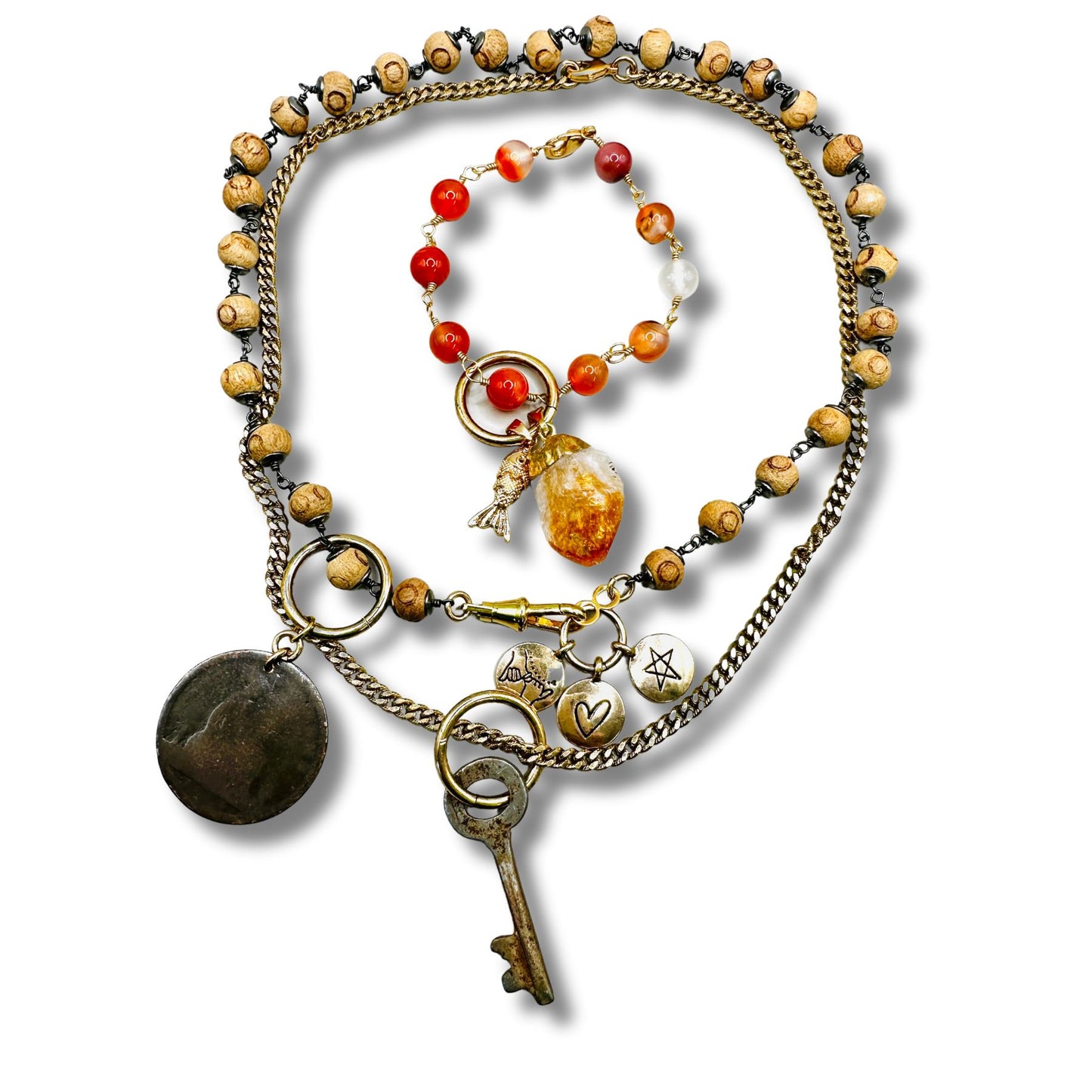 Vintage Coin Gemstone Convertible Necklace, Bracelet, Layering Piece
